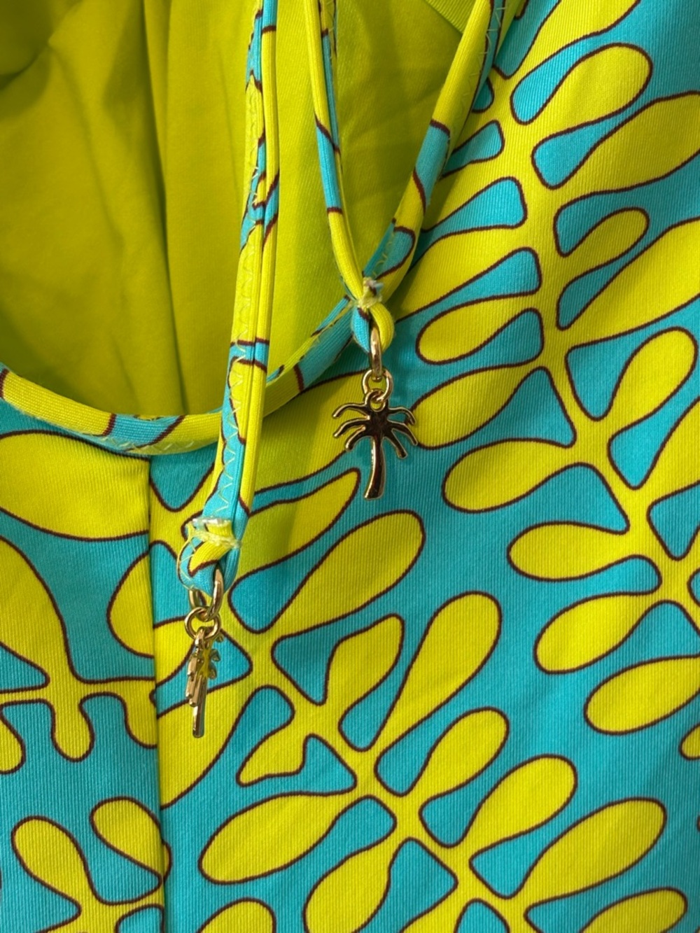 Trina Turk Teal and Lime Yellow Leaf-Print One-Piece Retro Swimsuit Size 10 - Picture 7 of 11
